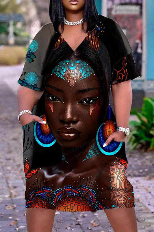 Vestidos africanos de manga curta femininos, vestido elegante de praia, vestido sexy de festa, moda verão, decote v, preto