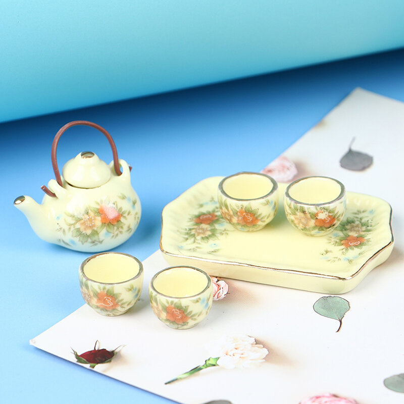 1 Set 1:12 Dollhouse Miniature Cups and Pot Set Delicate Print Ceramics Teaware Model Toys Kitchen Living Room Doll House Decor
