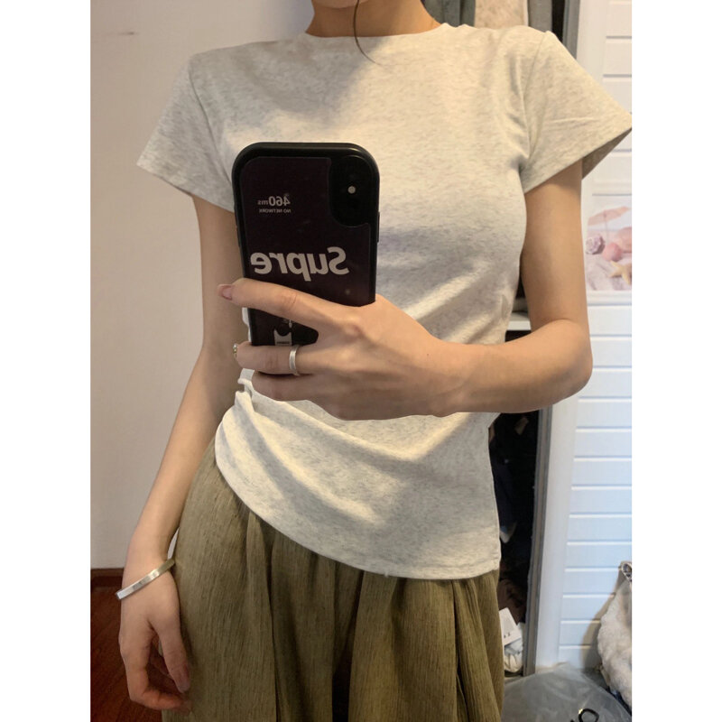 Koreaanse Sle Shoulder Slim Fit Afslankende Basis Effen Korte Mouw T-Shirt Onderkant Shirt 2024 Zomer Nieuw