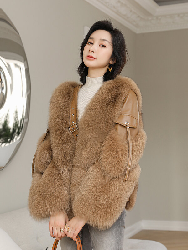 Abrigo de piel de zorro Natural para mujer, chaqueta de empalme de piel de oveja Real de alta gama, cálida, corta, de lujo, novedad de 2023