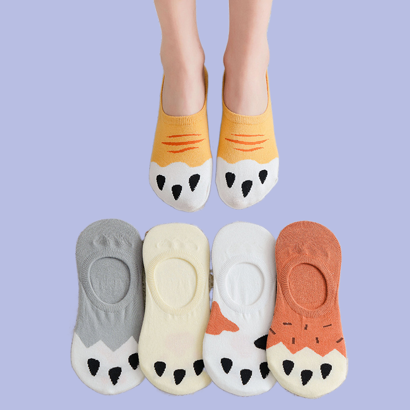 Calcetines invisibles con dibujos animados de garra de gato, boca poco profunda, tacón punteado, novedad de primavera y verano, 5/10 pares