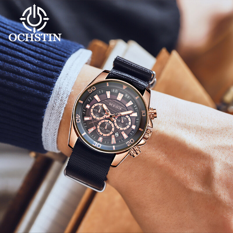 OCHSTIN jam tangan gerakan kuarsa multifungsi pria, arloji seri nilon kreatif multifungsi dengan model laris 2024, jam tangan kuarsa tren pribadi baru