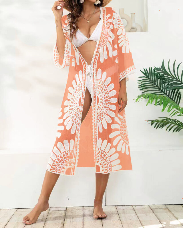 Biquíni de crochê feminino, maiô de renda transparente, quimono sexy, vestido de praia, moda praia verão, 2024