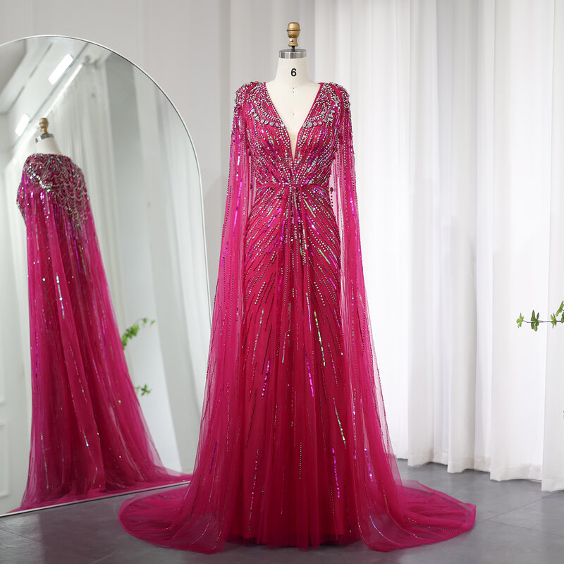 Luxury Dubai Sage Green Evening Dresses With Cape Fuchsia Crystal Gold Elegant Women Wedding Formal Party Gown Sz399-2