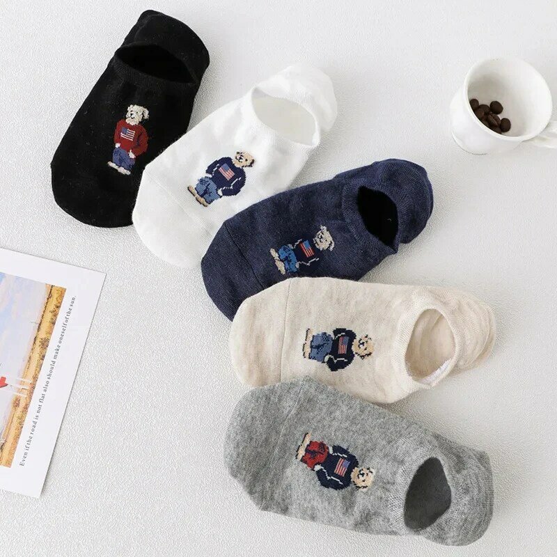 Носки мужские с мультяшным медведем Xia Qiu, сезонные модные Нескользящие невидимые носки-тапочки из силикона и хлопка в стиле ретро, весна-лето