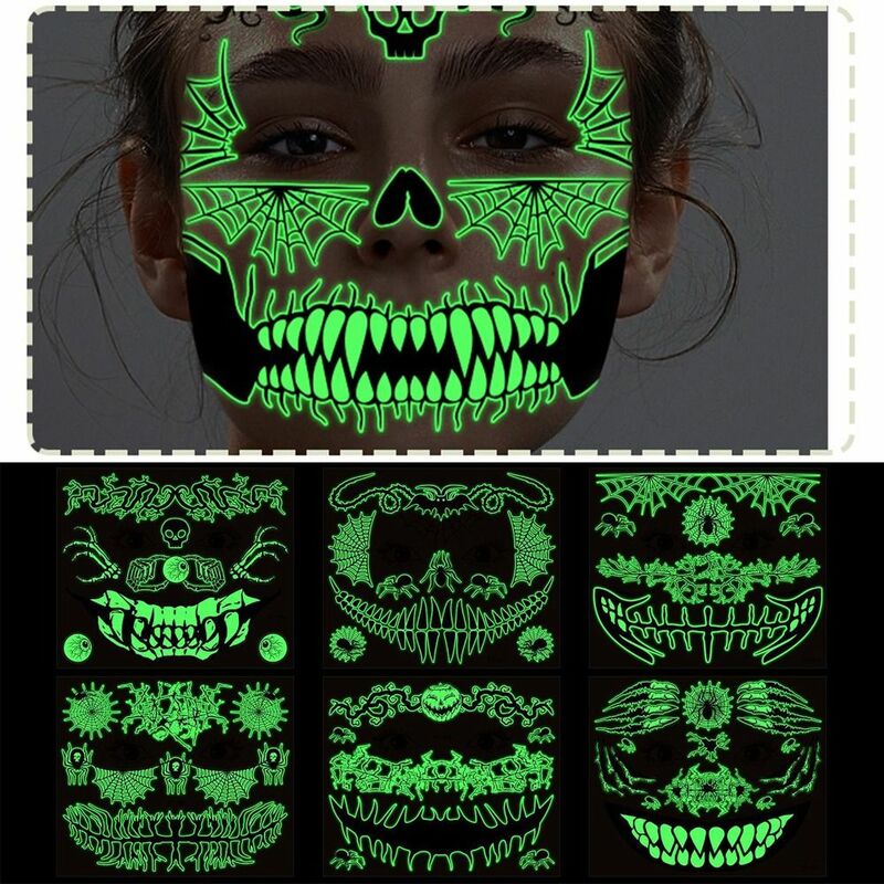 Luminous Halloween Tattoo Sticker, Glow Decalques, Scary Green Water Transfer Adesivos, Fantasma Brilhante, Boca, Arte Corporal