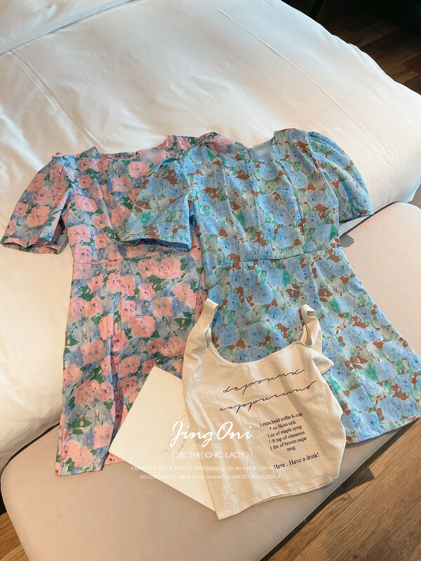 Blumen Kurzarm Mini kleid y2k Frau Kleidung Sommer koreanischen Modestil neue elegante Luxus Vintage Party Robe Lolita