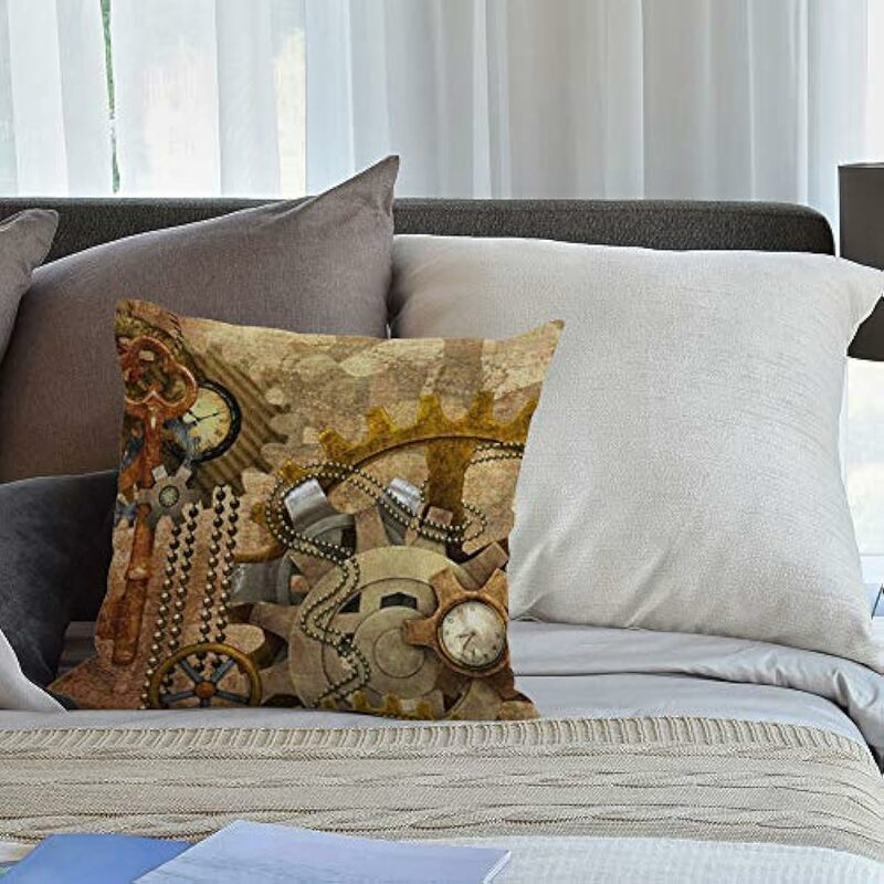 Taie d'oreiller carrée en coton et lin, style steampunk, pour canapé/lit/voiture