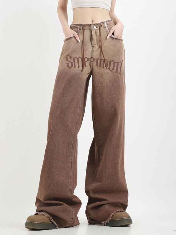 Коричневые джинсы Y2K 2023, винтажные широкие брюки со средней талией, женские прямые длинные брюки с широкими штанинами, джинсы в уличном стиле для девушек