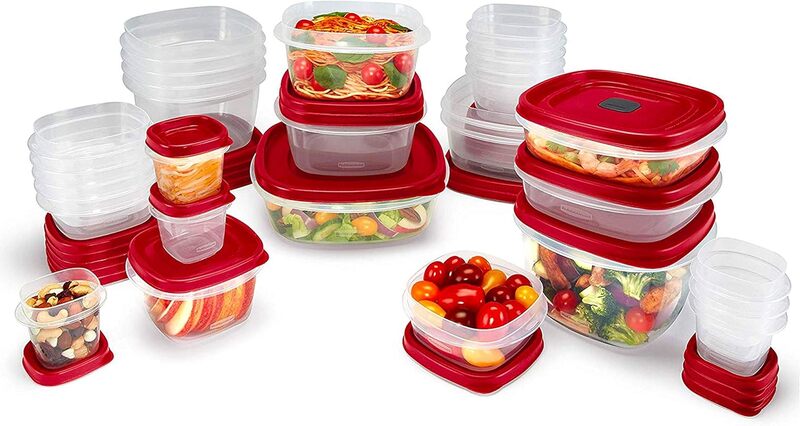 Rubbermaid 60 buah wadah penyimpanan makanan dengan tutup, Microwave dan pencuci piring aman, warna merah, Ideal untuk persiapan makanan dan dapur