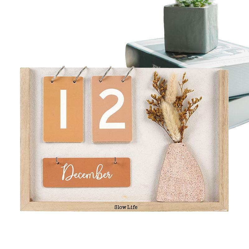 Calendario da tavolo con fiori secchi con cornice in legno in piedi calendario da tavolo da tavolo floreale squisito creativo 2024-2025 decorazione