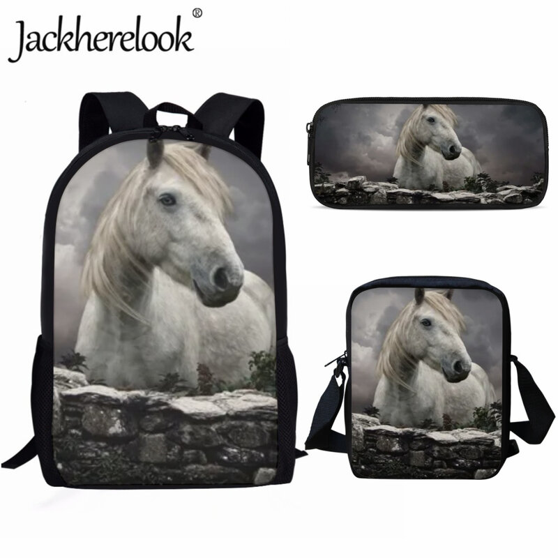 Jackherelook Art Horse เด็กแบบแฟชั่นกระเป๋าขนาดใหญ่ความจุกระเป๋าเป้สะพายหลังเด็กกระเป๋าถือกระเป๋าหิ้วกระเป๋าสตางค์3Pcs