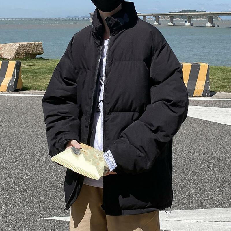 Jaqueta casual masculina, jaqueta acolchoada espessa com proteção para pescoço, à prova de vento, fecho de zíper, resistente ao frio, longo, inverno
