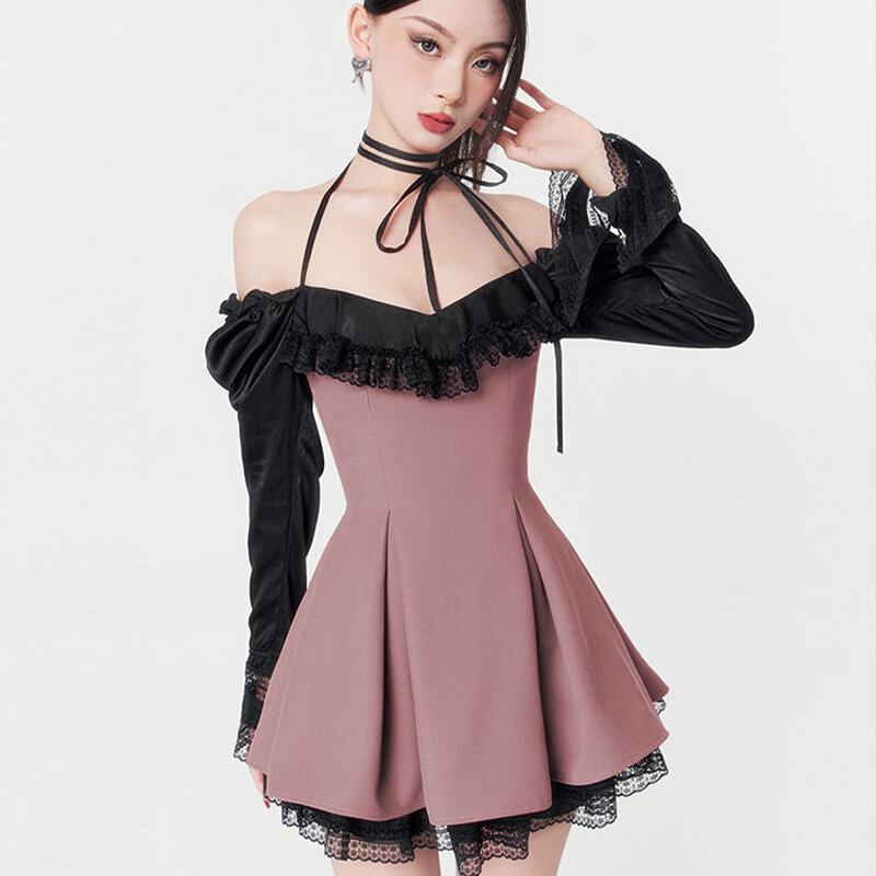 Sexy Hot Girl Women Outfits Lace Panel Long Sleeve Pink Mesh Dress  Women 2023 Summer New Goth Sexy Slim Club Party Dresses