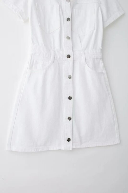 Women's 2024 New Chic Casual Fashion Denim Fabric Pocket Decoration Mini Dress Retro Short-sleeved Dress Vestidos Mujer