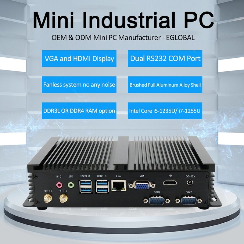 EGLOBAL 인텔 12 세대 산업용 미니 PC i7-1255U i5-1235U, 64G RAM, 2TB SSD, 데스크탑 컴퓨터, 윈도우 11 RJ45 LAN COM HDMI Minipc