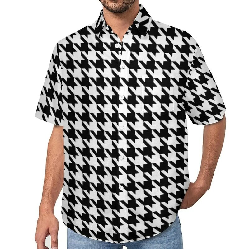 Blusa xadrez preta e branca masculina, camisa casual houndstooth, moda de manga curta estampada, camisa de férias extragrande, presente havaiano