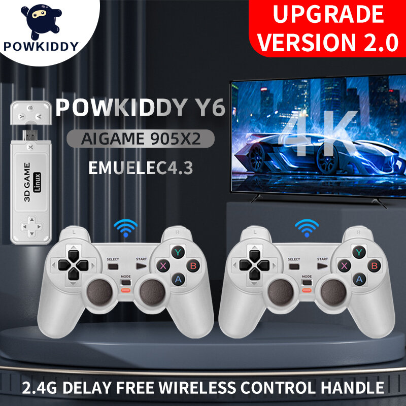 Powkiddy-Y6 2.4G 무선 게임 Tv 스틱, 레트로 PS1 가족 4K HD 휴대용 비디오 게임 콘솔 지원 멀티 플레이어 10000 게임