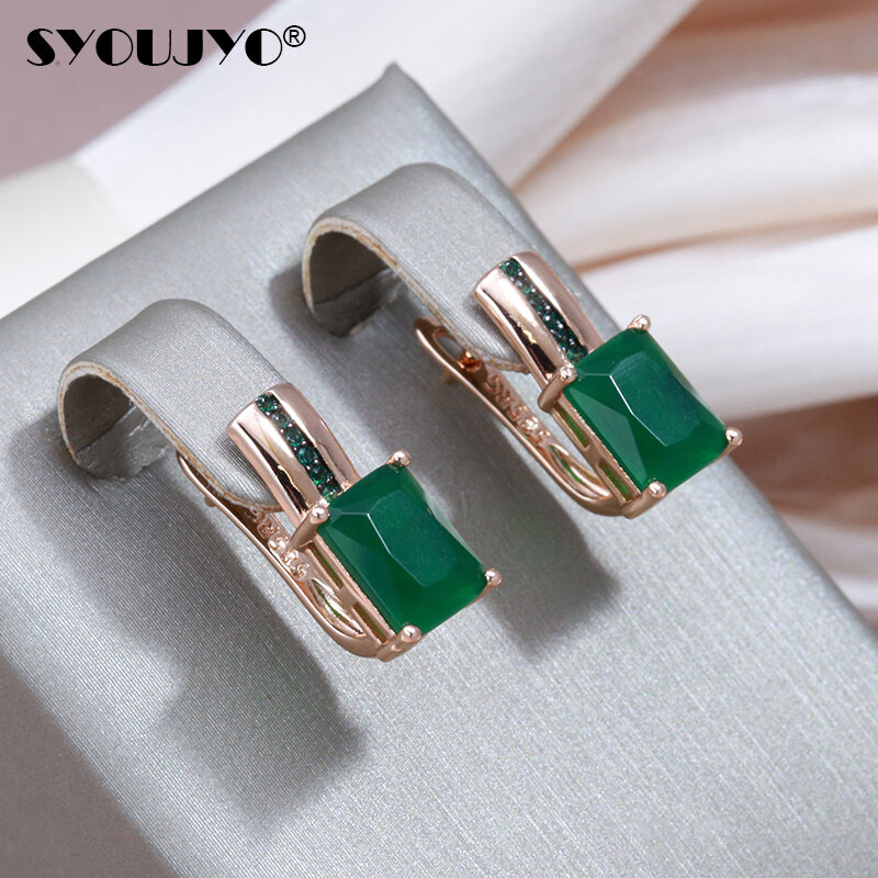 SYOUJYO Platz Grün Opal Natürliche Zirkon Englisch Ohrringe Für Frauen Vintage 585 Rose Gold Farbe Feine Schmuck Schwarz Überzug Ringe