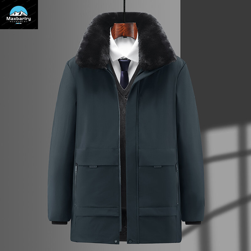 Зимняя утепленная куртка, Мужская модная длинная пуховая куртка с воротником из искусственной шерсти, мужское повседневное теплое пальто с флисовой подкладкой в британском стиле