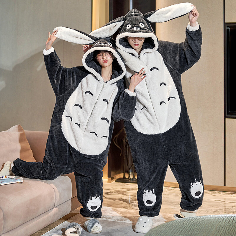 Пижамный комбинезон для пар, толстая зимняя Пижама с капюшоном для взрослых, аниме, кошка, Корейская версия, свободная облегающая домашняя одежда