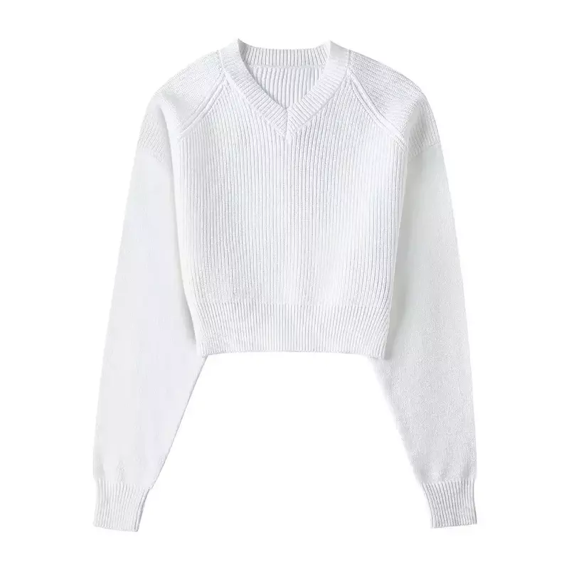 Women 2024 New Fashion Rib hem Cropped V Neck Elastic Slim Knitted Sweater Vintage Long Sleeve Female Pullovers Chic Tops