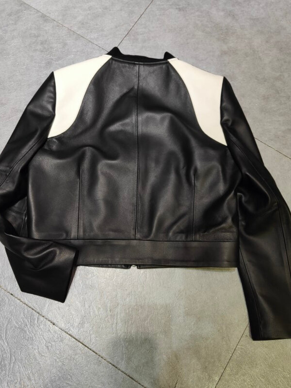 Neue echte Frauen Schaffell Mantel Mode weiß schwarz Spleißen echte Lederjacke Frühling Herbst neue Oberbekleidung Streetwear