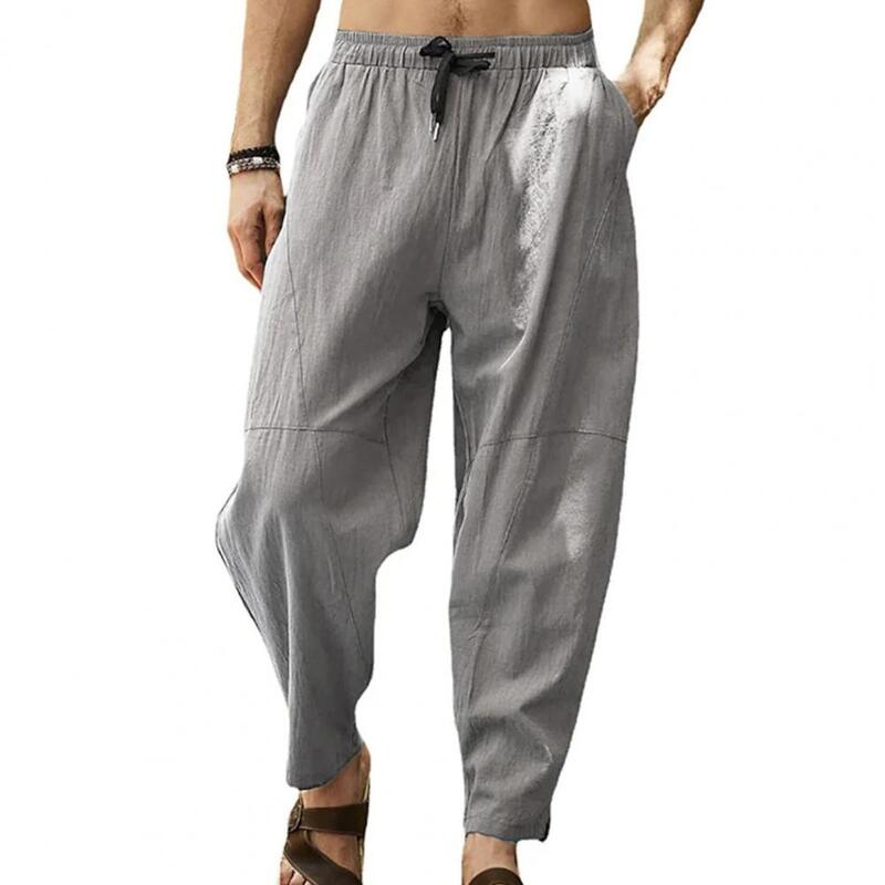 Men Pants Straight Solid Color Elastic Waist Drawstring Harem Pants for Daily Wear
