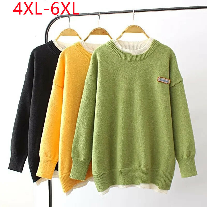 Nowy 2023 damski jesienno-zimowy sweter Plus Size dla kobiet duży rozmiar długi rękaw zielony sweter z okrągłym dekoltem 4XL 5XL 6XL