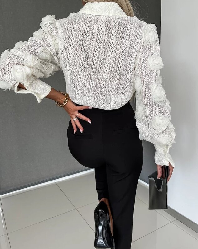 Fashion Woman Blouse 2024 Spring Rose Detail Buttoned Lace Casual Turn-Down Collar Plain Long Sleeve Daily Shirt Top