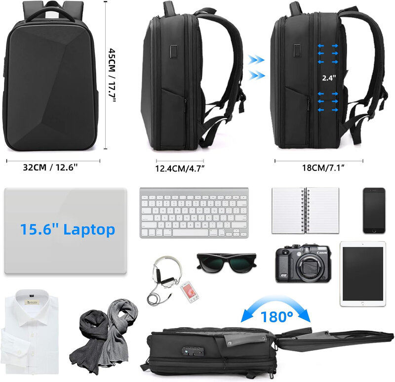 Sac à dos pour ordinateur portable à coque rigide extensible TSA, antivol, étanche, chargement USB, sac de voyage d'affaires, 15.6 pouces