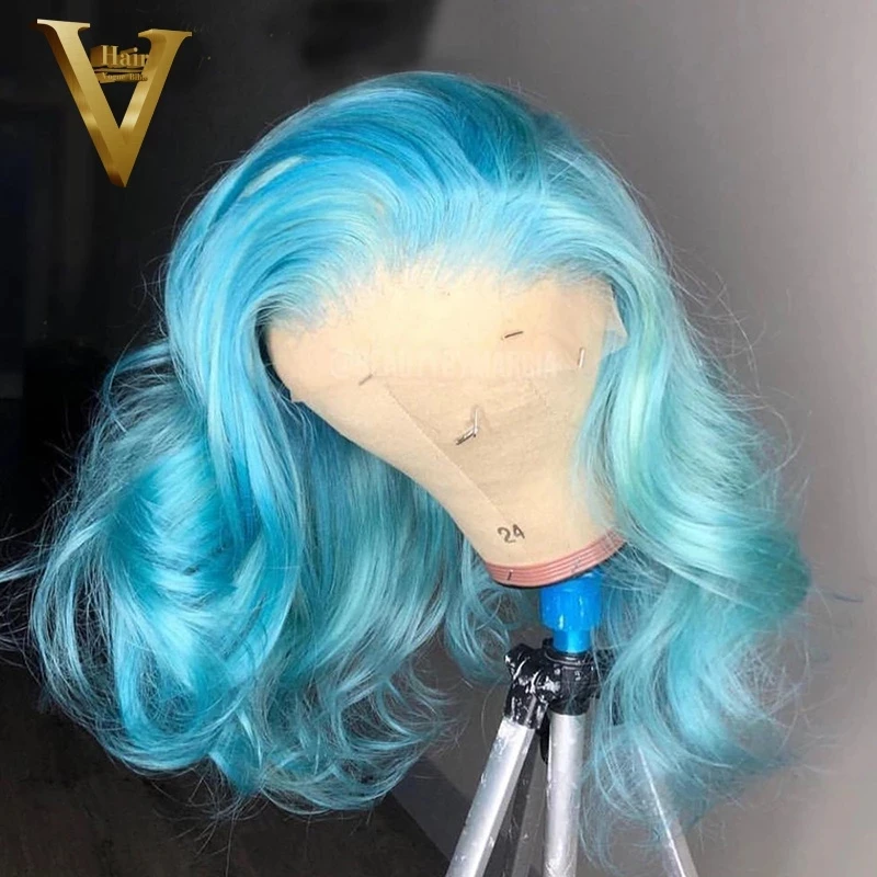 CHmp IA-Perruque Bob Lace Front Wig Body Wave brésilienne naturelle, cheveux courts, couleur bleu clair, 13x4, pour femmes