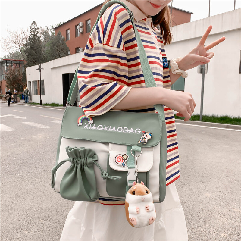 Kawaii Nylon Decor Messenger Bag, Flap Crossbody Bag, Large Capacity School Bag Casual Bookbag Fashion Shoulder Purse