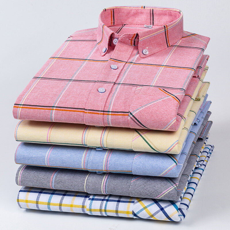 Camisas Oxford de manga comprida masculina, 100% algodão, macio, verificado, com botões para baixo, ajuste regular, xadrez, casual, sólido, plus size, 5XL, 6XL