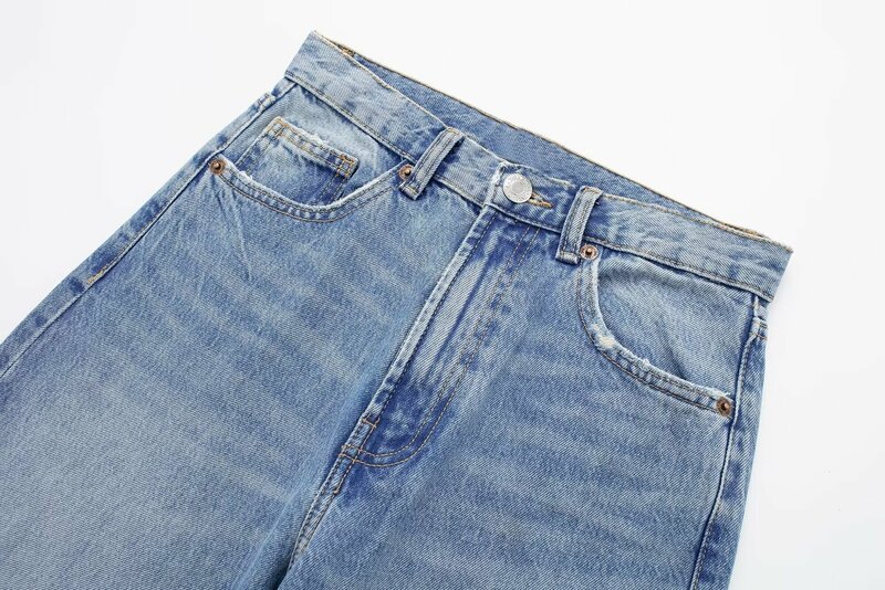 Jeans de perna larga feminino com buracos, calça jeans feminina, chique e versátil, cintura alta, zíper, retrô, novo, 24