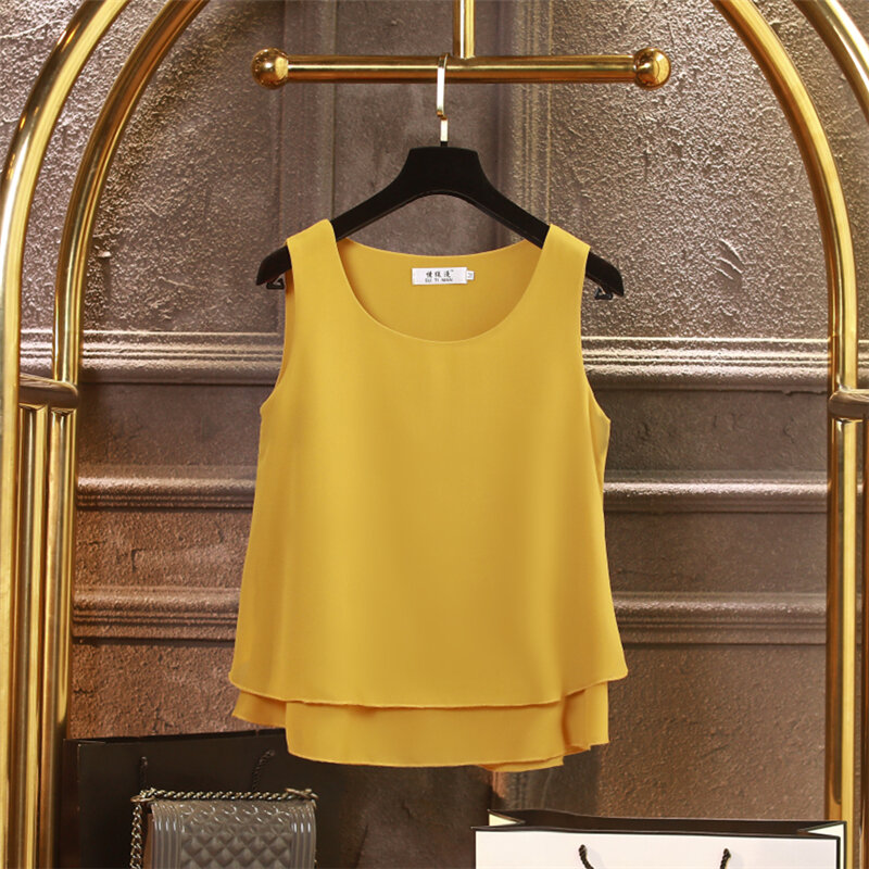 Женская шифоновая блузка без рукавов, однотонная Свободная блузка с круглым вырезом, 13 цветов, лето 2022