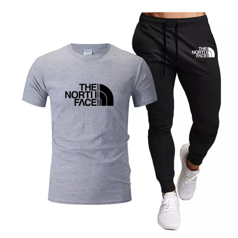 Мужской спортивный костюм из 2-х предметов, футболка с короткими рукавами и длинные штаны из 100% хлопка, одежда для мужчин, на лето
