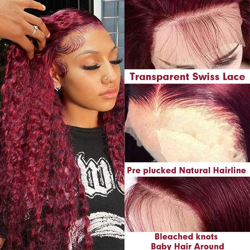 Wig gelombang dalam 99j Wig renda merah anggur 13x4 13x6 Wig renda depan Hd 360 Wig renda penuh rambut manusia telah ditanami rambut Brasil