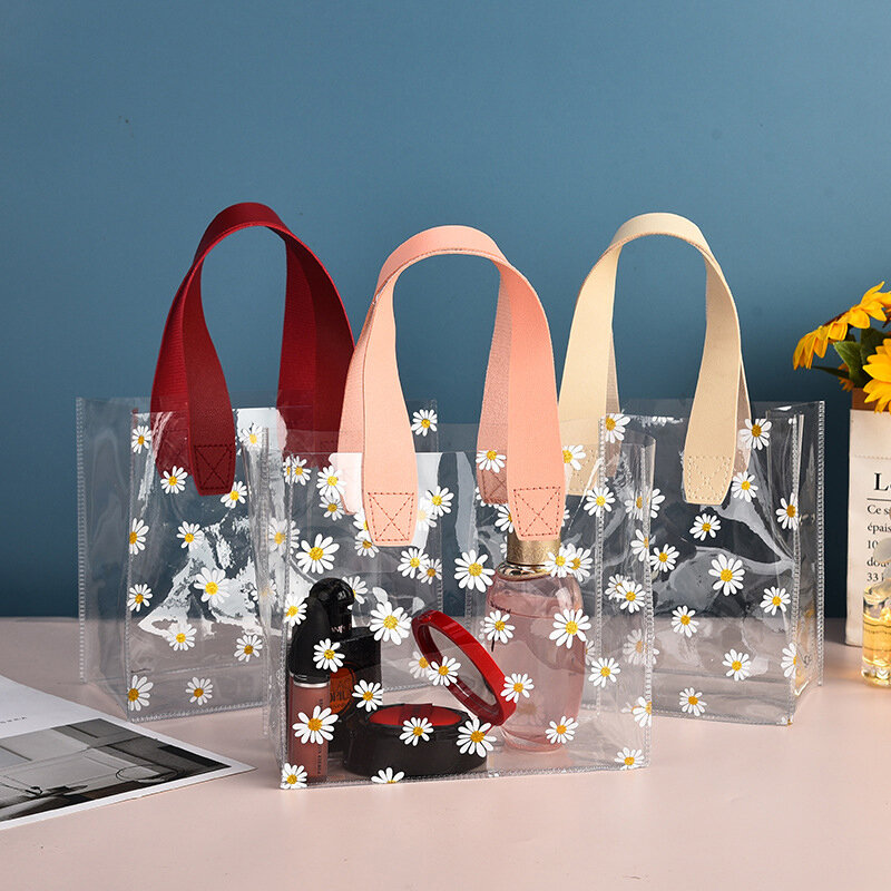 Transparente PVC-Geschenk-Einkaufstasche Verpackung Tasche klar Gänseblümchen Kunststoff Handtasche Candy Box Geschenk beutel Hochzeit zugunsten Kosmetik tasche
