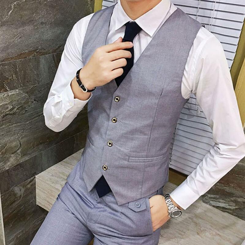 Модный мужской жилет, однотонный Блейзер на пуговицах без рукавов с V-образным вырезом, официальная деловая куртка, жилеты, мужские жилеты