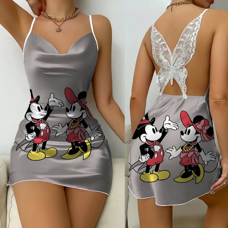 Disney gaun seksi gaun punggung terbuka simpul pita gaun piyama Mickey permukaan Satin rok Minnie Mouse mode Musim Panas 2024 pesta Mini