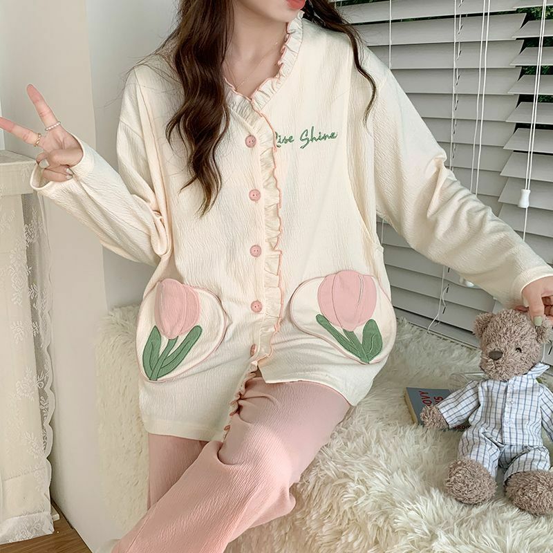 Vestuário de enfermagem pós-parto de algodão puro para mulheres, pijama respirável suor fino, roupas de confinamento feminino primavera e outono