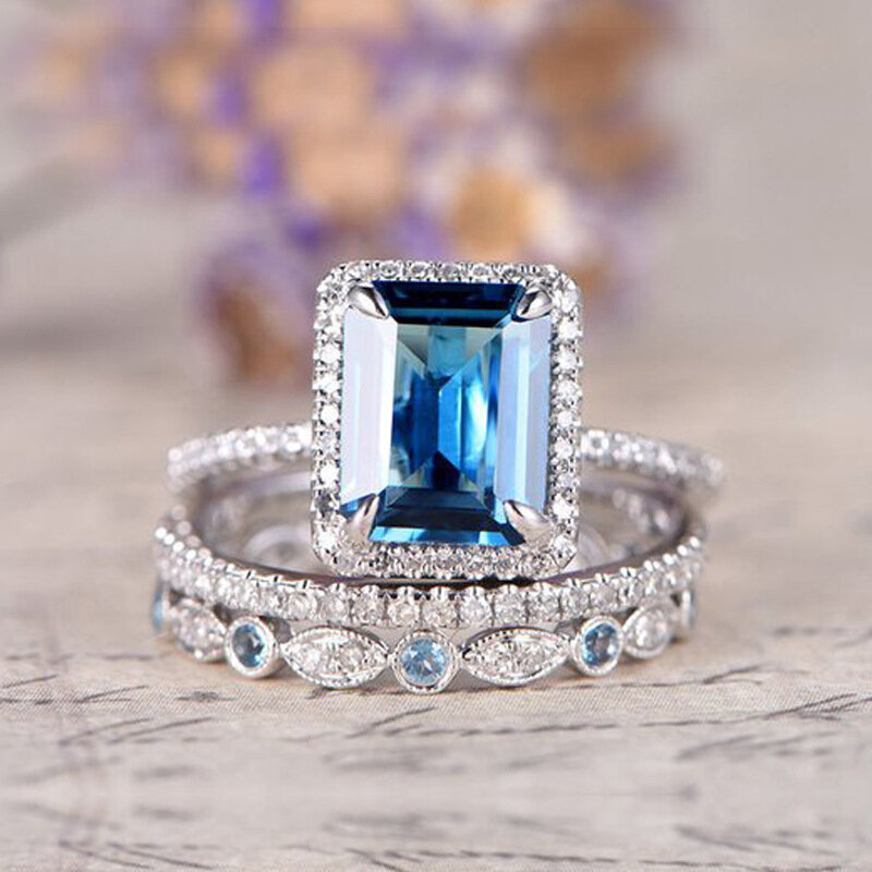 Morski niebieski pierścionek zaręczynowy z cyrkonią