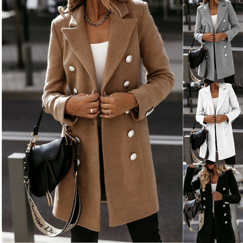 Women Woolen Coat Blends Jacket Double-breasted Long Suit Trench Outwear Button Down Solid Warm Autumn Winter Clothing Elegant
