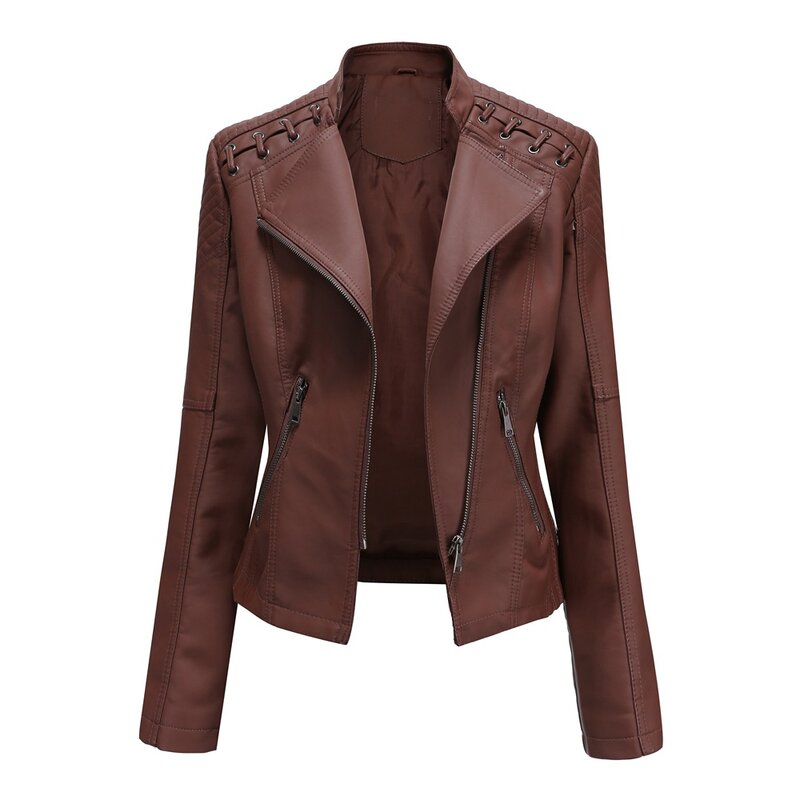 女性のためのヨーロッパサイズの革のジャケット,薄い,タイストラップ,オートバイのスーツ,スタンドカラー,春