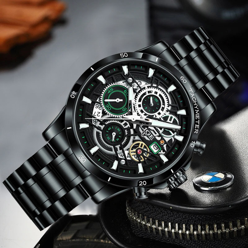 LIGE 인기 남성 밀리터리 스포츠 손목 시계, 충격 방지 방수 풀 스틸 시계, 남성 패션 캐주얼 시계