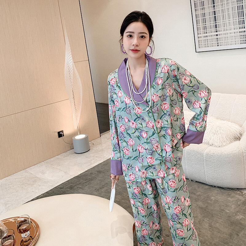 Mùa Thu Băng-Bộ Đồ Ngủ Lụa Ren Nữ Trừu Tượng Hoa Văn Nhà Quần Áo Ve Áo In Pijamas Quần Tây Nữ Pijama Mujer