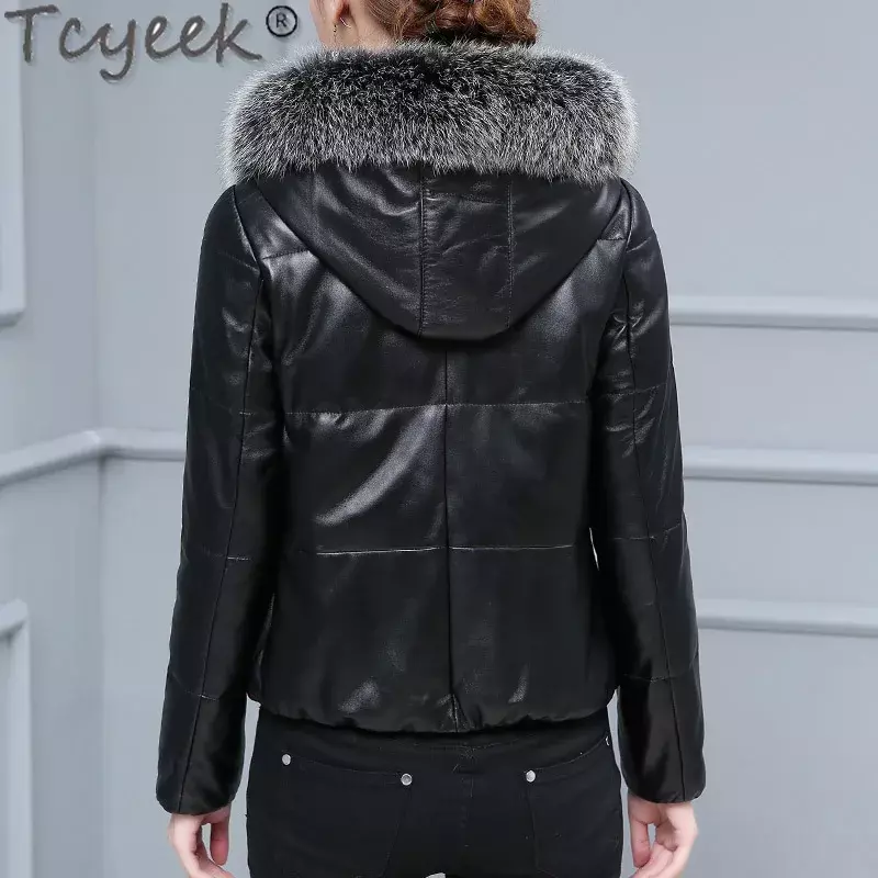 Tcyek 천연 여우 모피 칼라 정품 가죽 다운 코트, 여성 의류, 슬림핏 양가죽 다운 재킷, 2023 겨울 패션