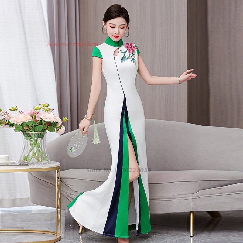 Vestido vintage chino mejorado, cheongsam qipao nacional, bordado de flores, banquete de noche, vestido de actuación de escenario, 2024