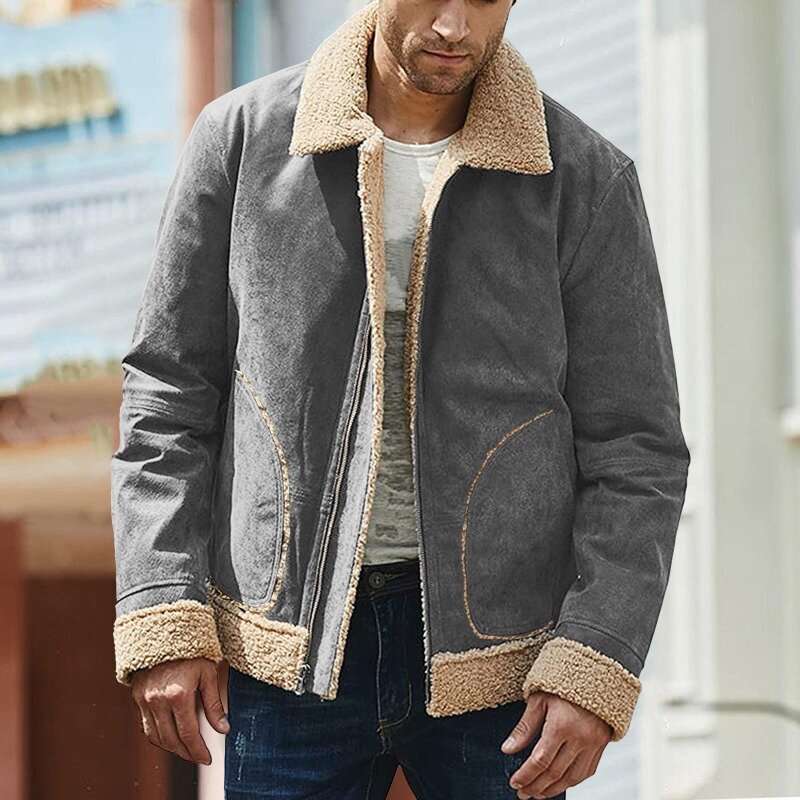 Wool Coat Men Winter Vintage Thicken Warm Lapel Collar Long Sleeve Padded Leather Jackets Zipper Pocket Long Sleeve Loose Coats